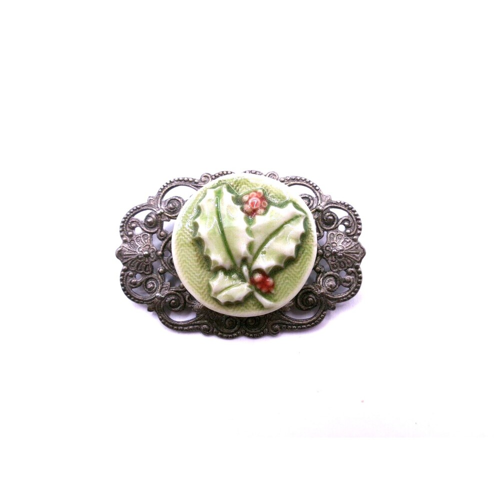 Christmas Holly Leaves & Berries Pin Brooch Ceramic Antiqued Silver Tone Metal